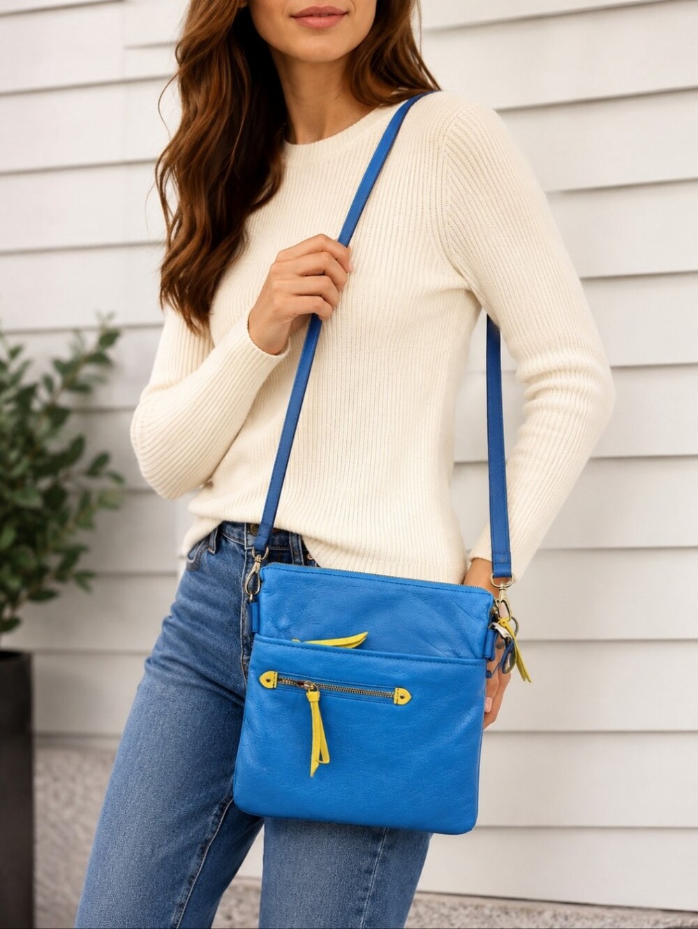 Summer Ready Danier Blue Leather Crossbody with Yellow Trim